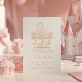 Karusell för flickor Sagobågar Rosa Baby Shower Inbjudningar