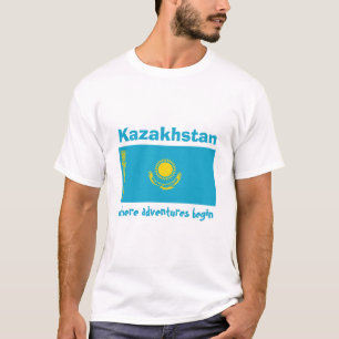 Kasakhstan flagga + Karta + TextT-tröja Tee