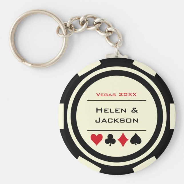 Kasino Poker Chip Black off-White Wedding Favor Nyckelring (Framsidan)