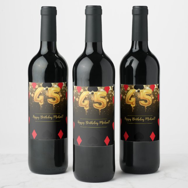 Kasinot i guld glitter temat 45:e födelsedag vinflaska etikett (Flaskor)