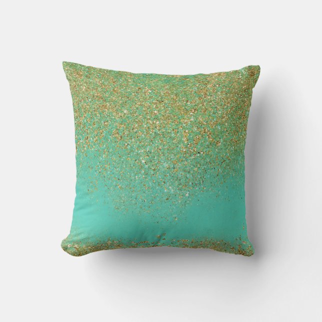 Kaskad av guldglitter & Teal Aqua Glam Trendigt Kudde (Framsida)