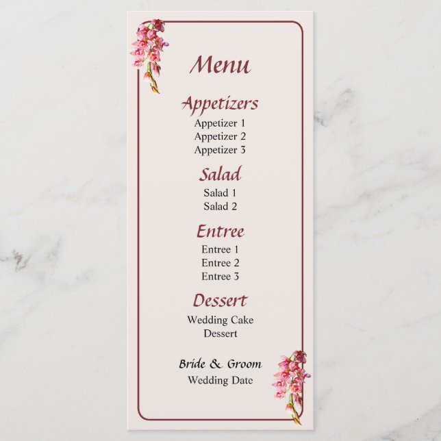 Kaskad av rosa orkidéer meny (Framsida)