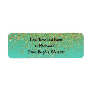 Kaskad Glitter Guld & Teal Aqua Glam Modern Returadress Etikett