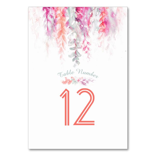 Kaskadblommor korall rosa grönt vattenfärg bordsnummer (Baksidan)