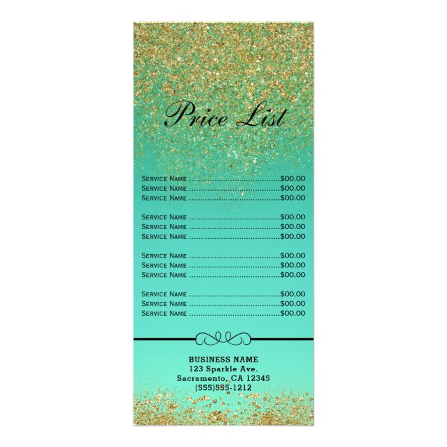 Kaskaderande Guld Glitter Turkos Aqua Pris & Servi Reklamkort (Framsidan)