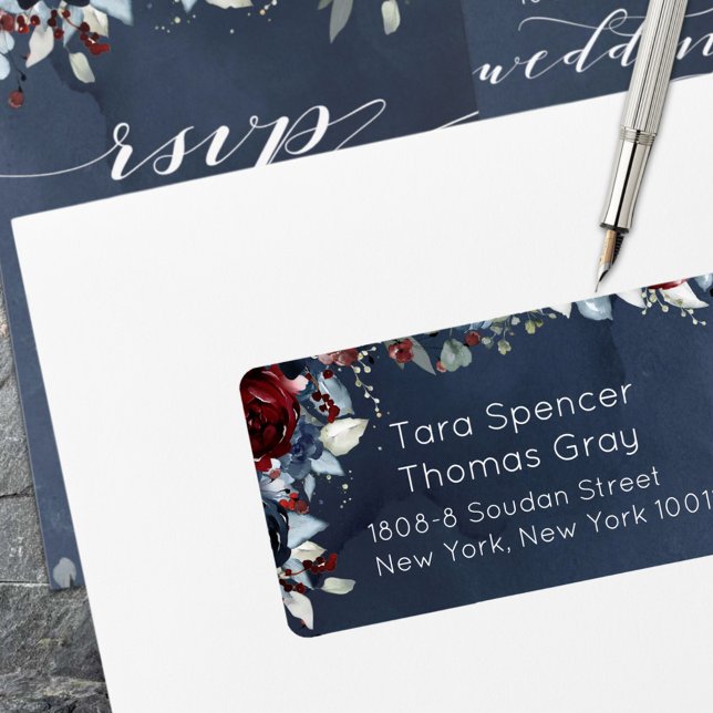 Kaskadkopplad Peony Burgundy Marinblå Postutskick Adressetikett (Skapare uppladdad)