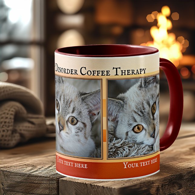 Kassabehandling Mugg (Mug featuring your funny cat photos framed by an orange striped design with gold - cat lover gift)