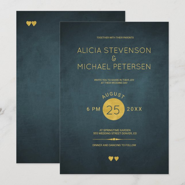 Kassablått bläckfisk i mörken och guld bröllop inbjudningar (Fram/baksida)