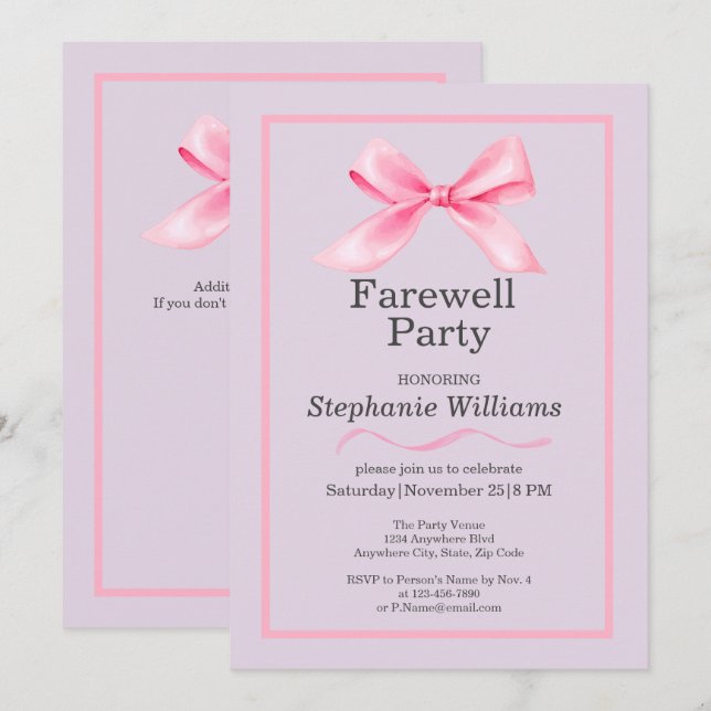 Kassafé Party Modern Elegant Rosa Bow Inbjudningar (Fram/baksida)