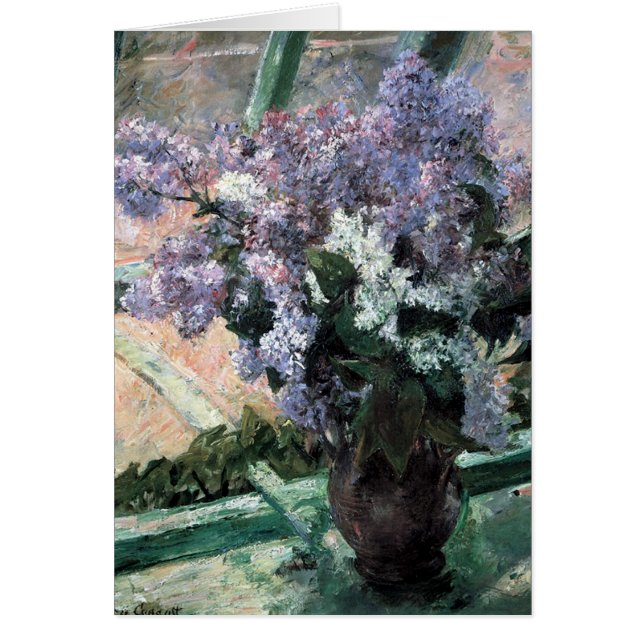 Kassatts Lilacs i en fönsterruta Hälsningskort (Framsidan)
