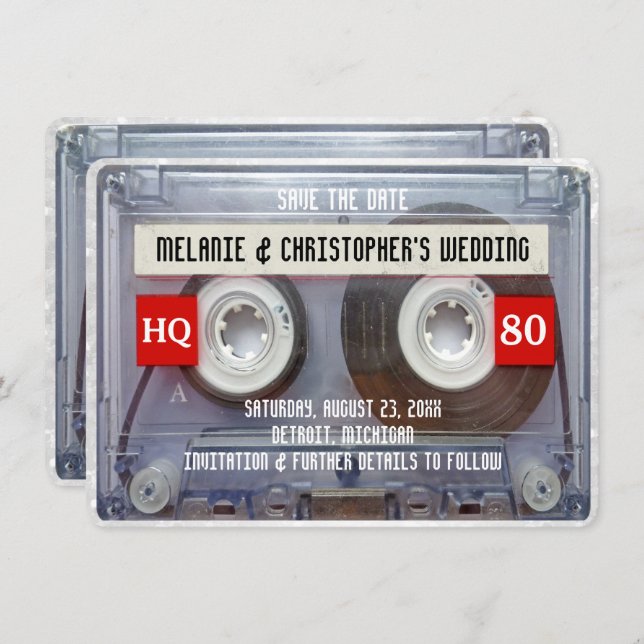 Kassettbandsblandning 1980-talet Bröllop spara dat Inbjudningar (Fram/baksida)