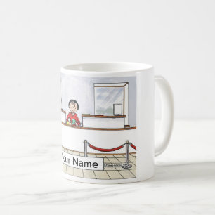 Kassör i bank som är kvinnlig kaffemugg