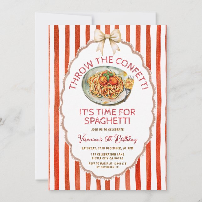 Kasta Konfettidags för Spaghetti Födelsedag Inbjudningar (Framsida)