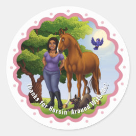 Kastanjebrun häst och flicka runt klistermärke