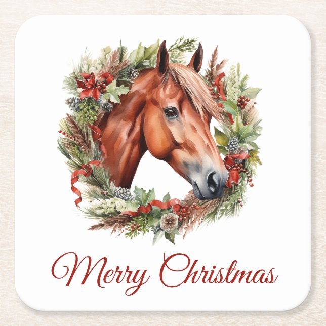 Kastanjehäst och julfrö Vattenfärg Underlägg Papper Kvadrat (Framsidan)