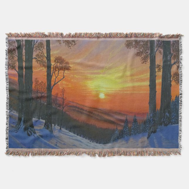 Kastbyrå - "Solnedgång över snöig skog" Filt (Framsidan)
