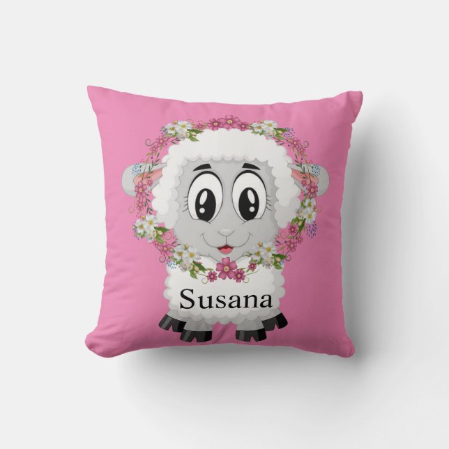 Kastkudde Får Blommig Rosa Kudde (Framsida)