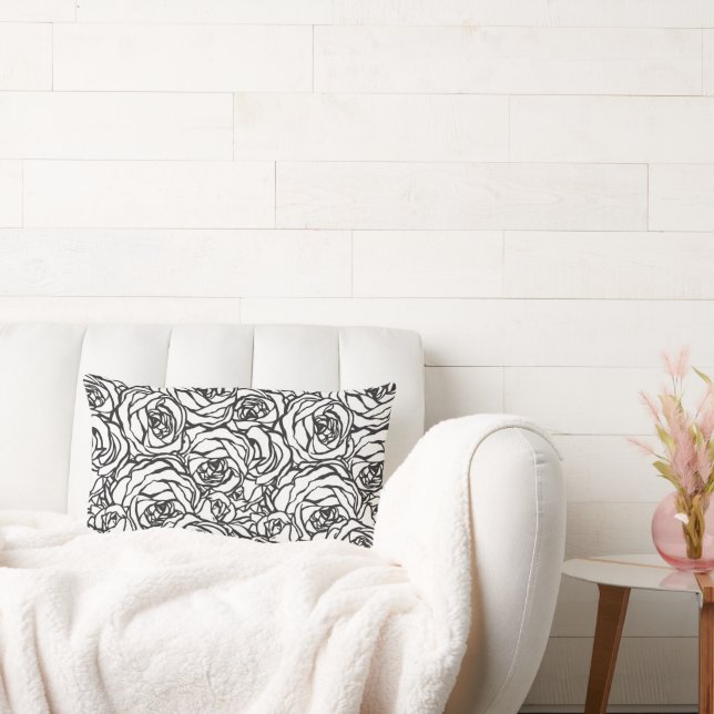 Kastkudde Svart & Vit Blommig Lumbarkudde (Soffa)