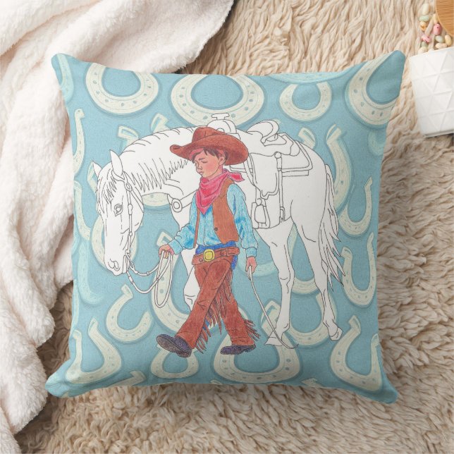 Kastkudde Ung Cowboy och Häst Kudde (Filt)