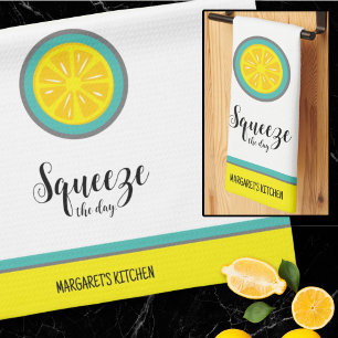 Kastning av dagskorgen Cute Lemon Teal Fruit Pun Kökshandduk