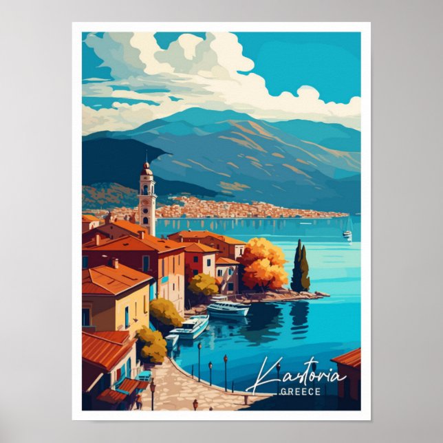 Kastoria Greece Travel Vintage Illustration Poster (Framsidan)