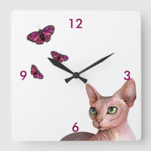 Kat 578 Sphynx Sphinx Cat Rosa Butterfly Fyrkantig Klocka