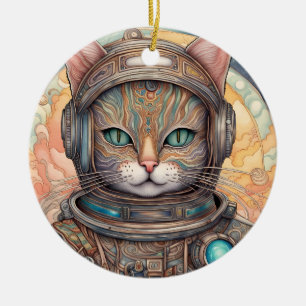 Kat Astronaut - rikligt detaljerat animerad konst Julgransprydnad Keramik