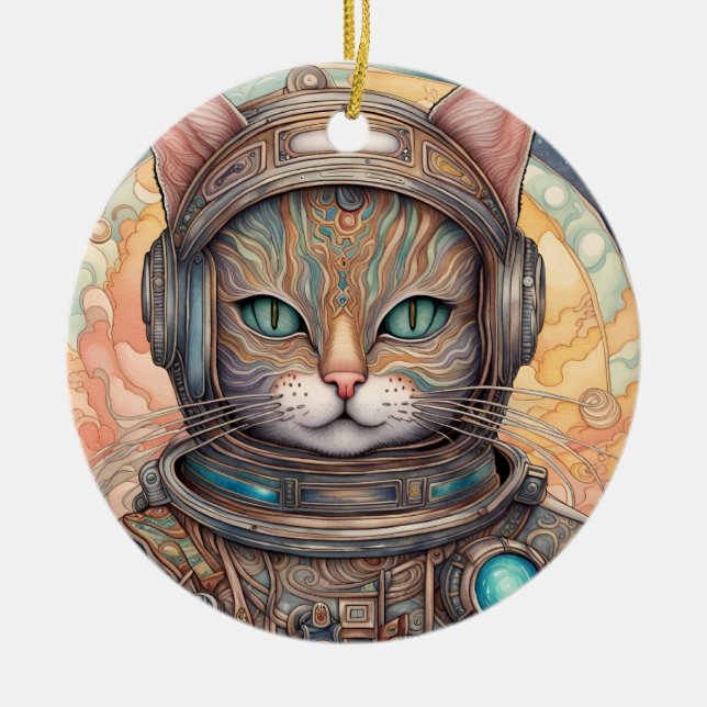Kat Astronaut - rikligt detaljerat animerad konst Julgransprydnad Keramik (Framsidan)