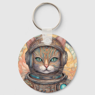 Kat Astronaut - rikligt detaljerat animerad konst Nyckelring