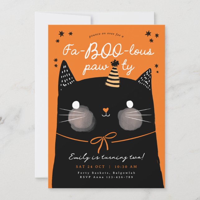 Kat Birthday inbjudan, Black Cat Halloween Birthda Inbjudningar (Framsida)