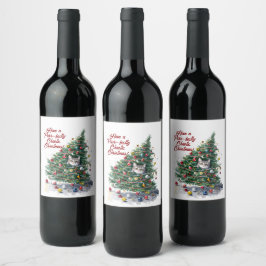 Kat Chaos Julgran Design Vattenfärg Vinflaska Etikett