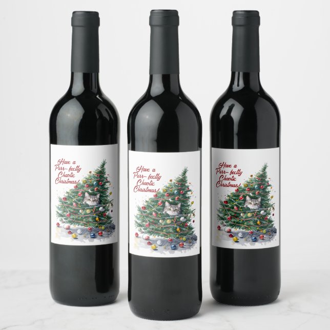Kat Chaos Julgran Design Vattenfärg Vinflaska Etikett (Flaskor)