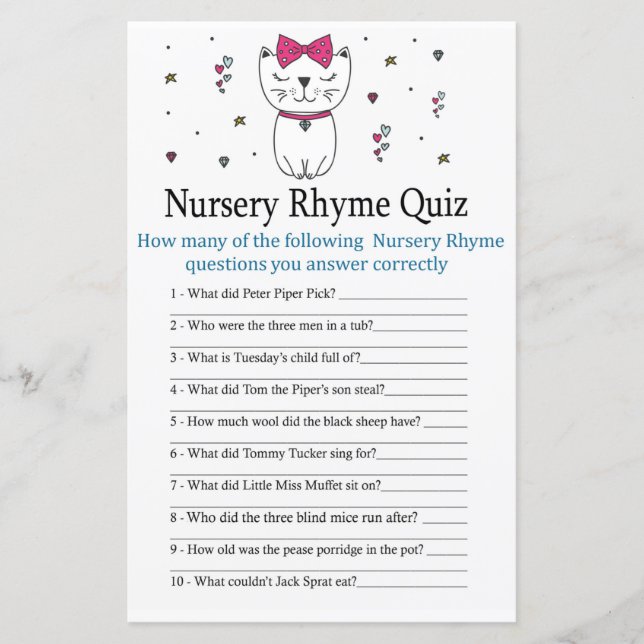 Kat eller Kitten Nursery Rhyme Quiz-babyduschspel (Framsida)