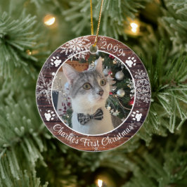 Kat Första jul, Rustic Wood Snowflake Photo Julgransprydnad Keramik