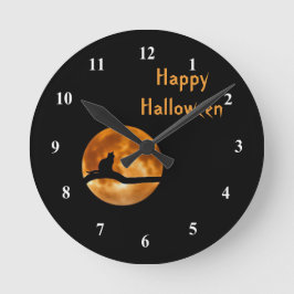 Kat Full Moon Silhouette Graphic Halloween Rund Klocka