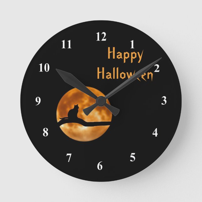 Kat Full Moon Silhouette Graphic Halloween Rund Klocka (Framsida)