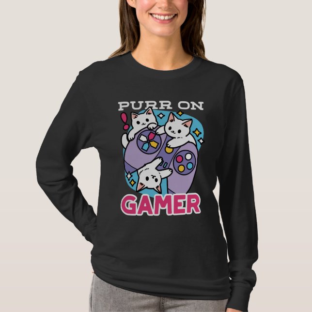 Kat Gamer Design - Purr On Gamer Joystick Art T Shirt (Framsida)