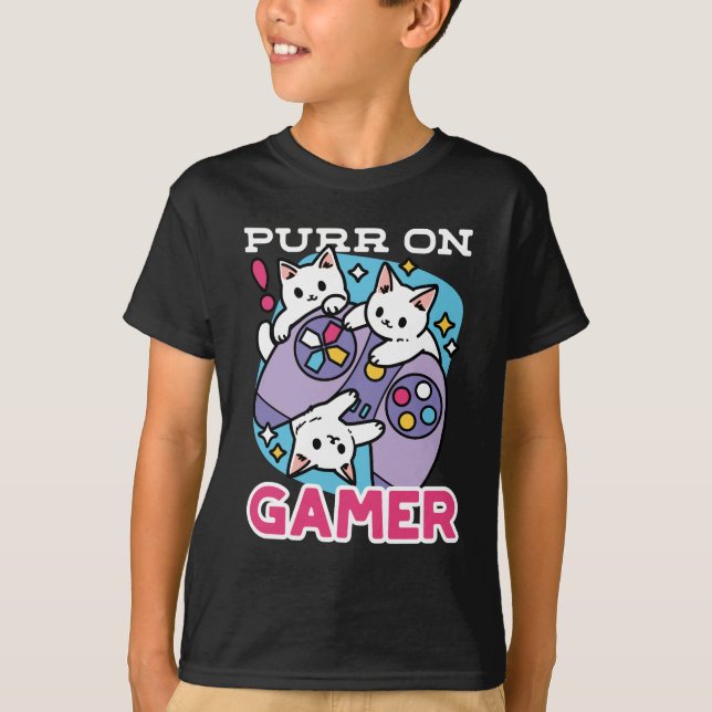 Kat Gamer Design - Purr On Gamer Joystick Art T Shirt (Framsida)