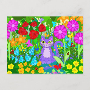 Kat Garden Colorful Flowers Butterflies Ladybugs Vykort
