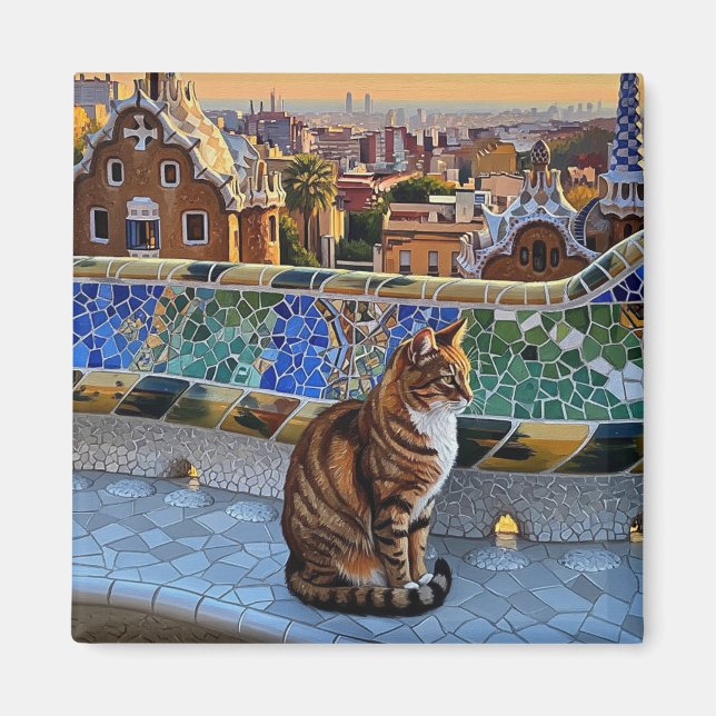 Kat i Barcelona Spain Park Güell Travel Magnet (Framsidan)