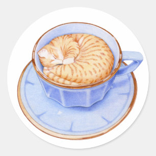 Kat i Coffee Sticker Runt Klistermärke