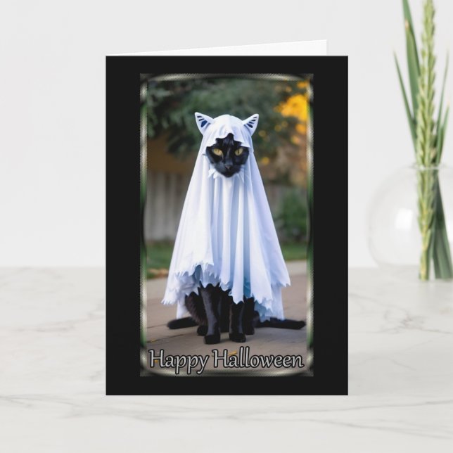 Kat i Ghost Costume Halloween Card Kort (Framsida)