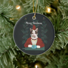 Kat i julklapp julgransprydnad keramik