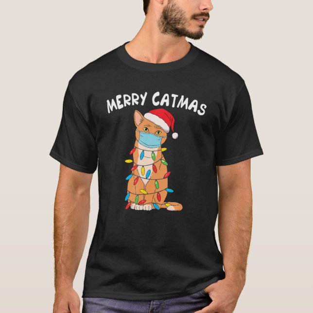 Kat i Mask Funny Julafton Cat Merry Catmas jul T Shirt (Framsida)