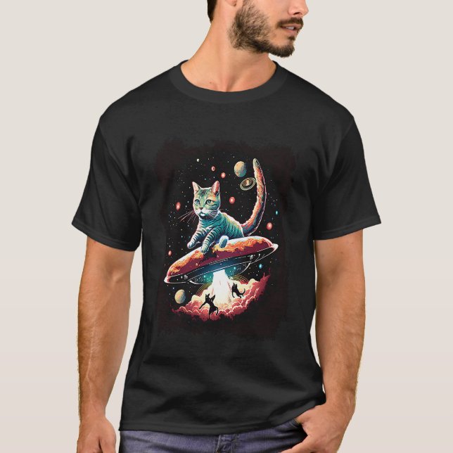 Kat i Rymden UFO Alien Abduction Science Fic T Shirt (Framsida)