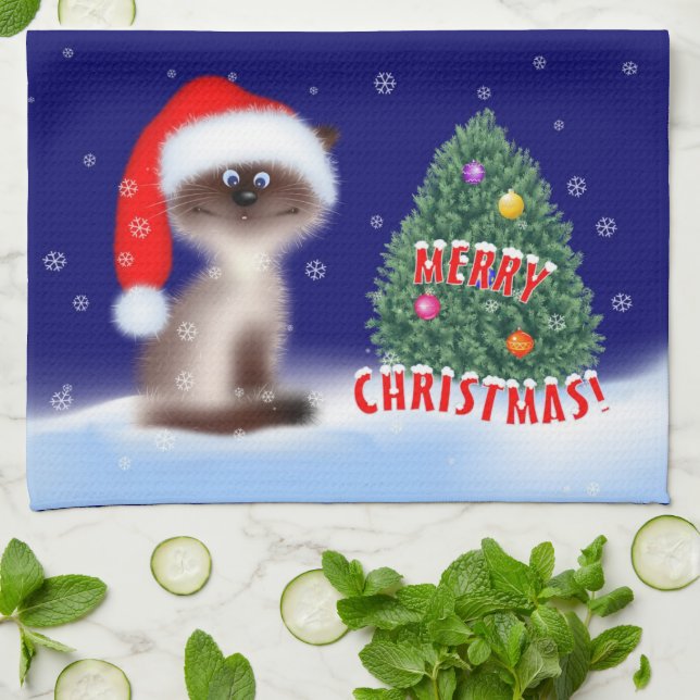 Kat i Santa Hat Kökshandduk (Vikta)