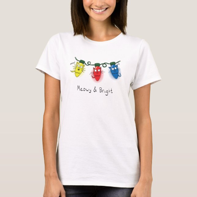 Kat jul Ljus Funny Meowy och Bright T-Shir T Shirt (Framsida)
