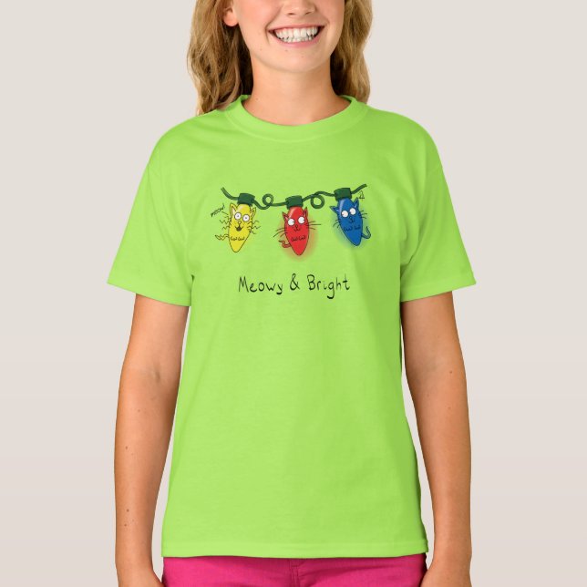 Kat jul Ljus Funny Meowy och Bright T Shirt (Framsida)