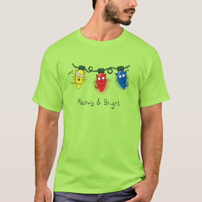 Kat jul Ljus Funny Meowy och Bright T Shirt (Framsida)