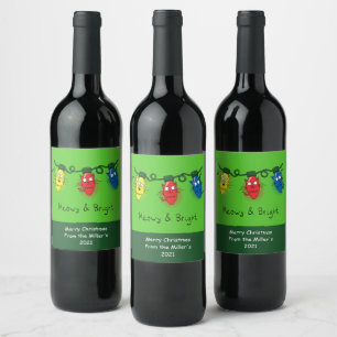 Kat jul Ljus Funny Meowy och Bright Vinflaska Etikett